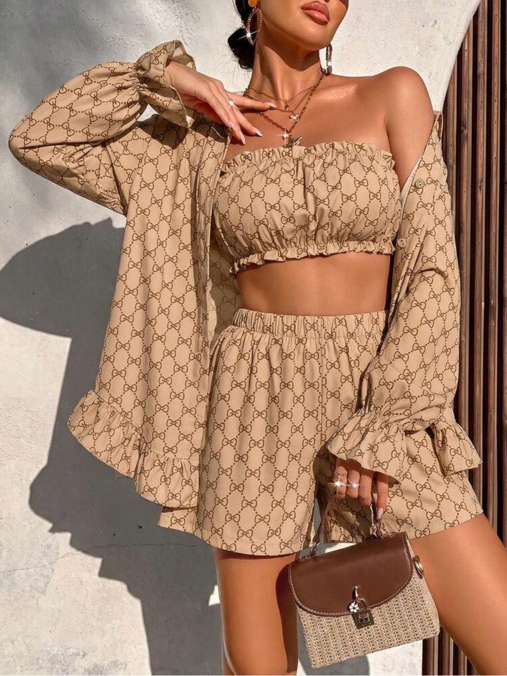 Beige 3 piece -Piece Crop Top & Shorts and Shirt Matching Lounge Set size S - Picture 4 of 6